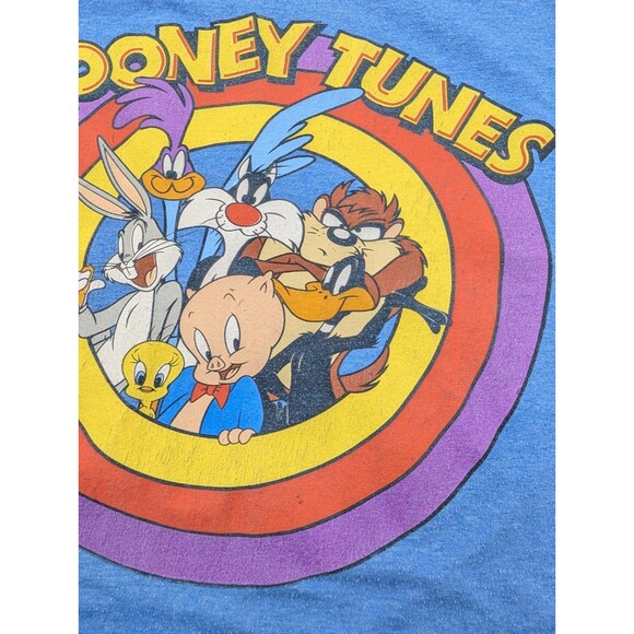 Looney Tunes Character Circle Logo Blue T-Shirt Bugs Taz Tweety Size Medium - Picture 2 of 5